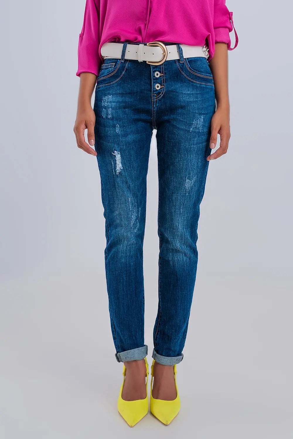 Exposed button ripped boyfriend jean in dark blue