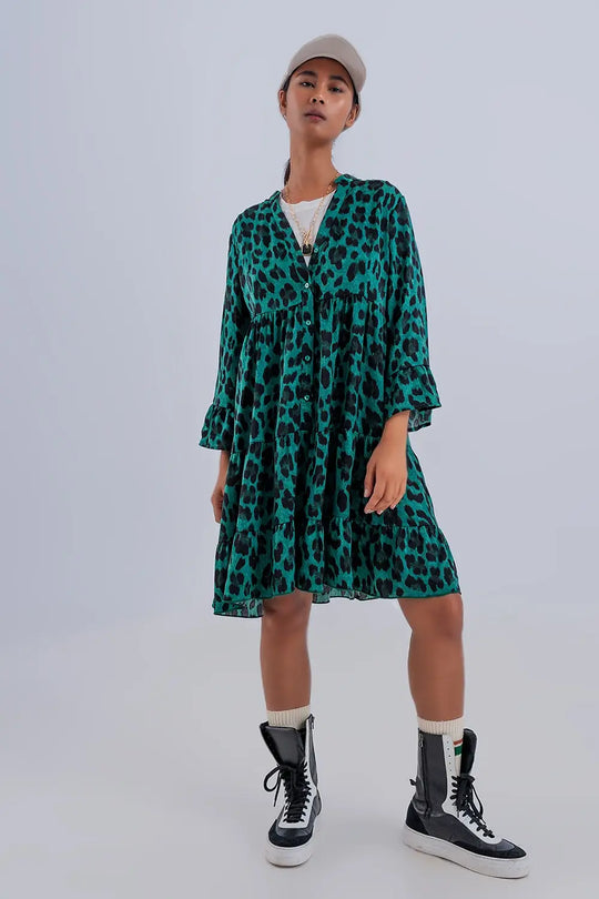 Tiered smock mini dress in green animal print - Dresses