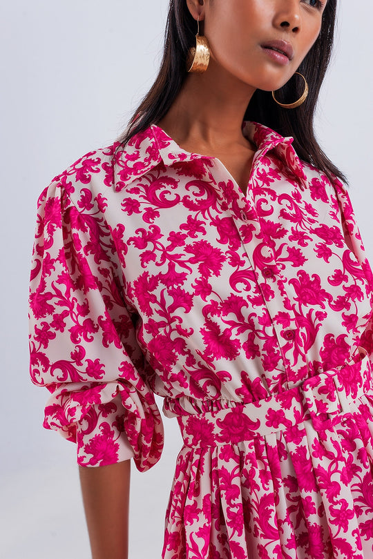 Mini smock dress in fuchsia vintage floral