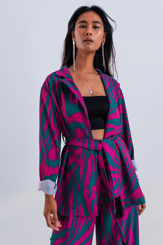 Belted blazer in green animal print - Jackets