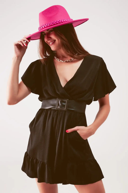 Wrap front frill hem jumpsuit in black - Jumpsuits