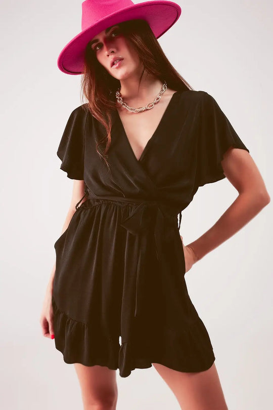 Wrap front frill hem jumpsuit in black - Jumpsuits