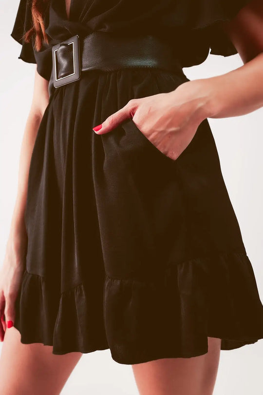 Wrap front frill hem jumpsuit in black - Jumpsuits