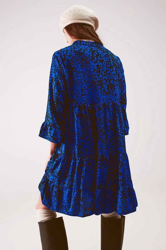 Tiered mini smock dress in blue animal print - Dresses