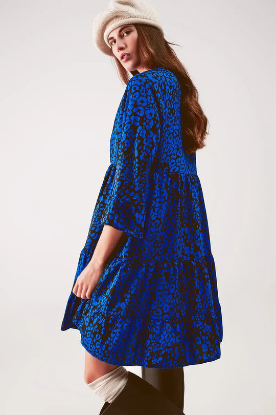 Tiered mini smock dress in blue animal print - Dresses