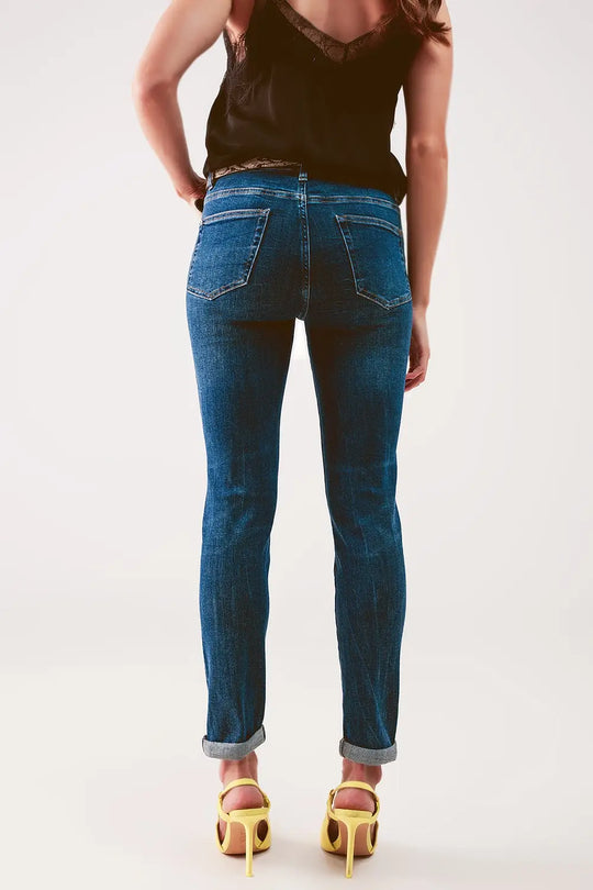 High rise skinny jeans in midwash blue