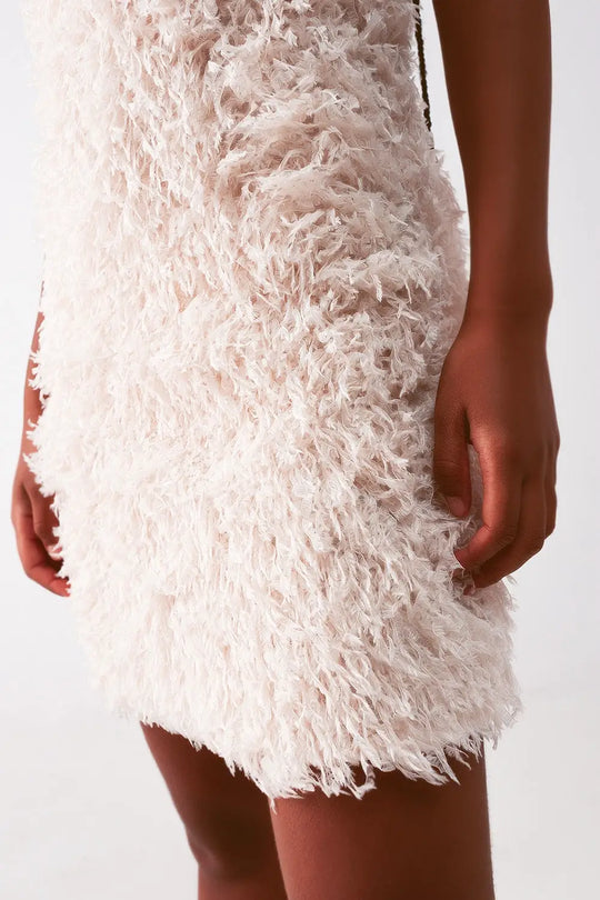 All over faux feather sleeveless mini dress in cream - Dresses