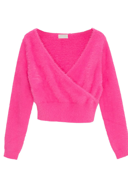 Fluffy v neck knit jumper in fuchsia - Sweaters