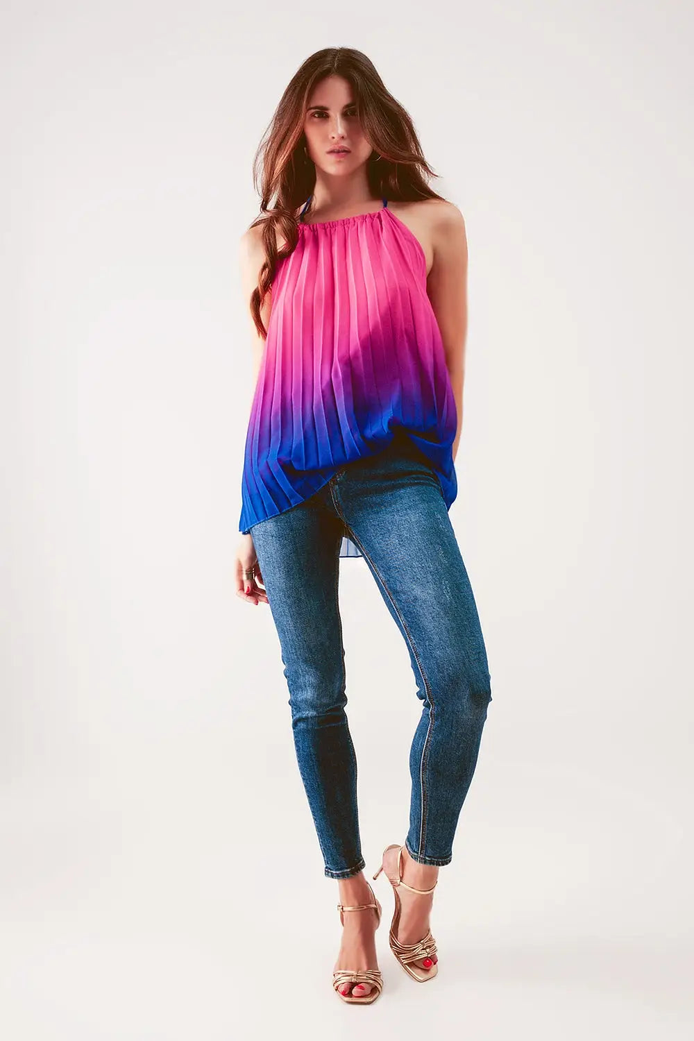 High neck pleat top in fuchsia ombre - FUCHSIA / ONE - Tops