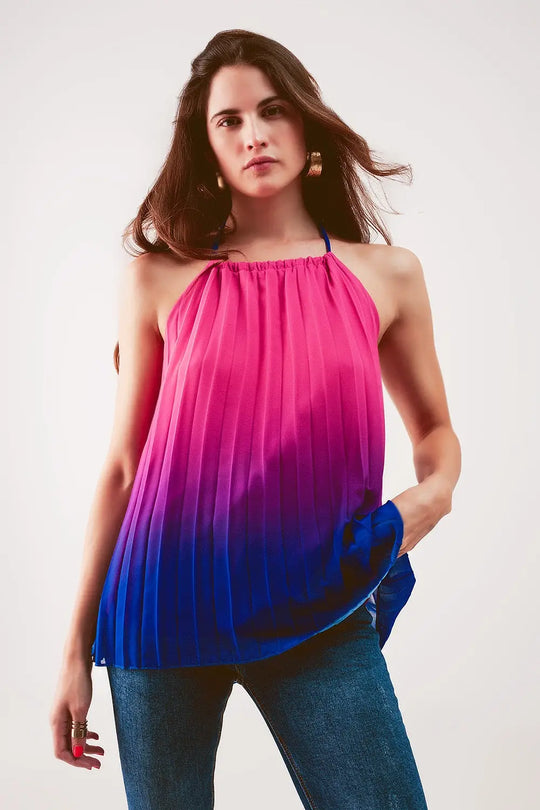 High neck pleat top in fuchsia ombre - FUCHSIA / ONE - Tops