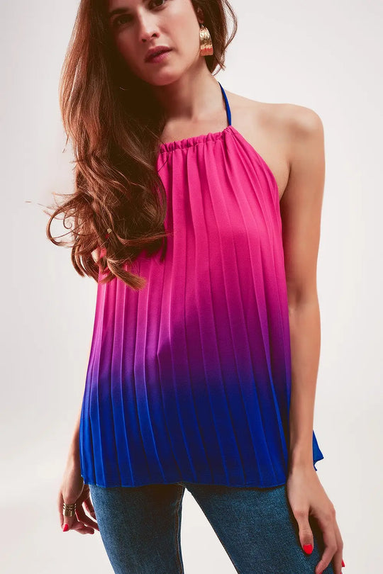High neck pleat top in fuchsia ombre - FUCHSIA / ONE - Tops