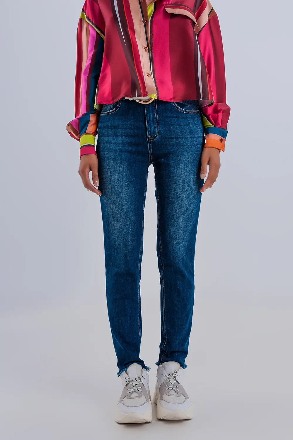 Skinny high waist raw hem jeans in dark blue