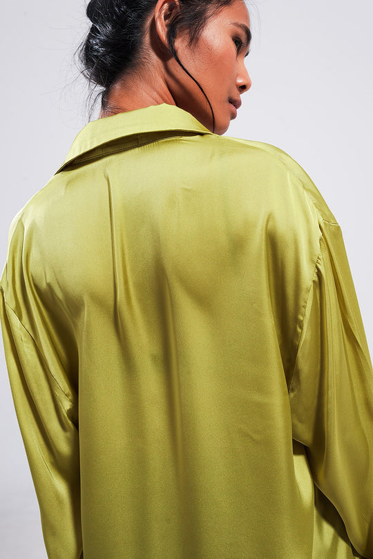 Long sleeve satin button front shirt in green