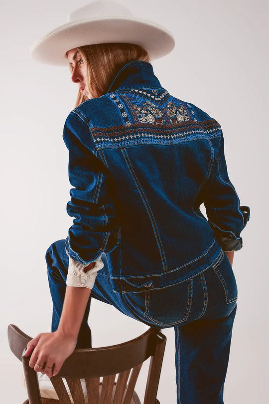 Embroided back denim jacket in dark blue - Jackets