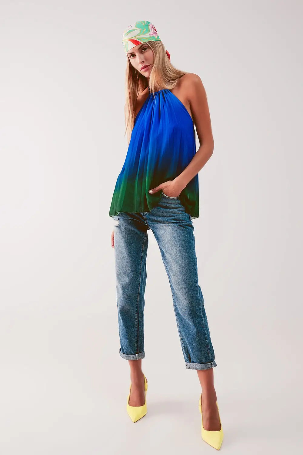 High neck pleat top in blue ombre - BLUE / ONE - Tops