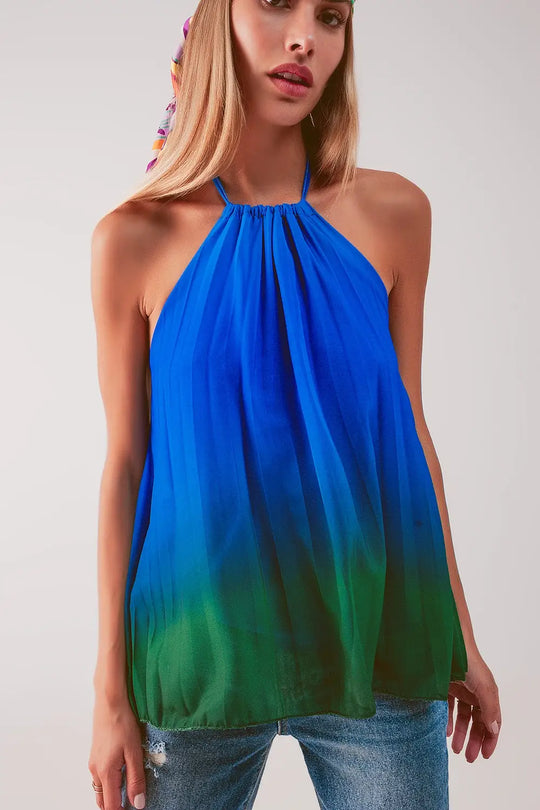 High neck pleat top in blue ombre - BLUE / ONE - Tops