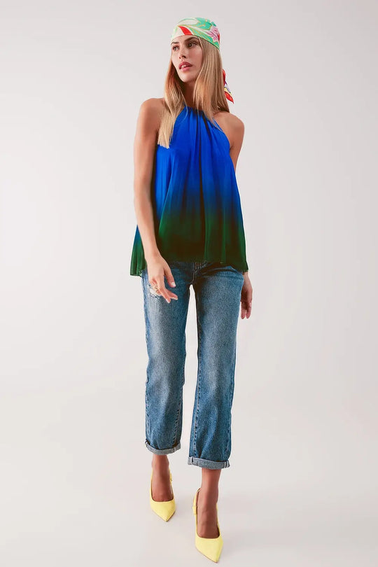 High neck pleat top in blue ombre - BLUE / ONE - Tops