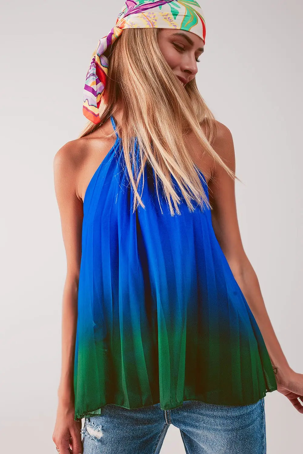 High neck pleat top in blue ombre - BLUE / ONE - Tops