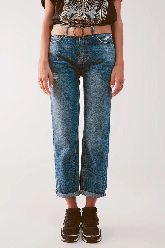 High waist jean with thigh slash in midblue