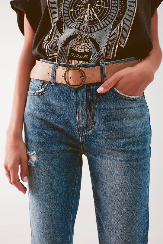 High waist jean with thigh slash in midblue