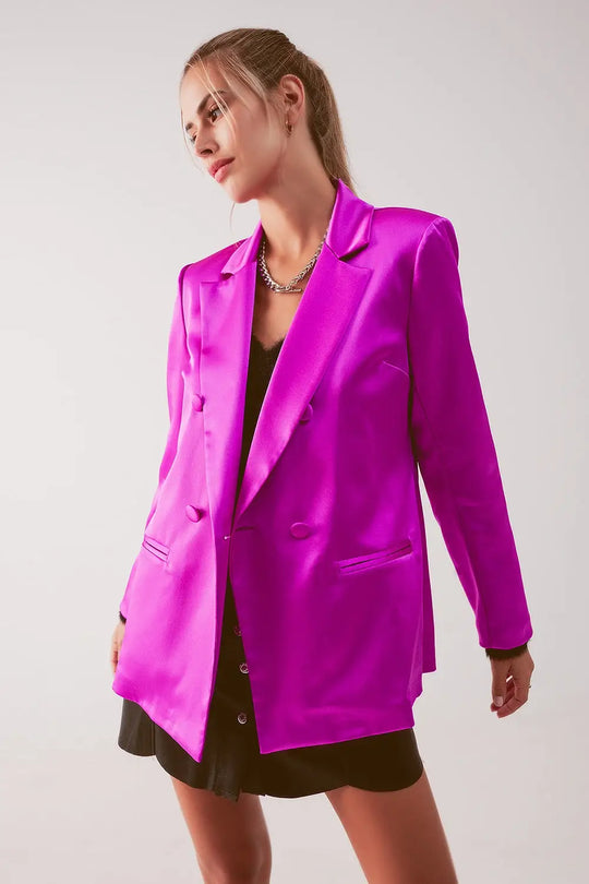 Satin double breasted suit blazer in fuchsia - Jackets