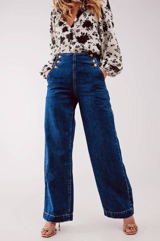 Button front jean in mid blue