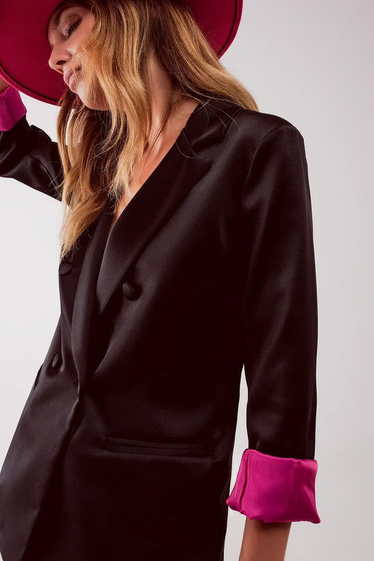 Satin tailored double breast blazer in black - Jackets