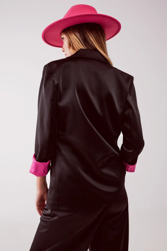 Satin tailored double breast blazer in black - Jackets