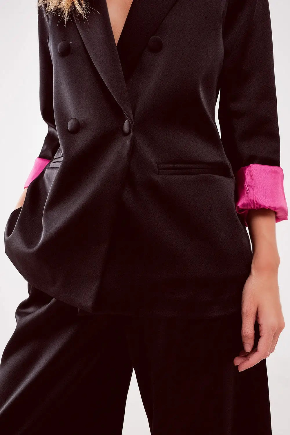 Satin tailored double breast blazer in black - Jackets