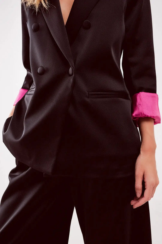 Satin tailored double breast blazer in black - Jackets