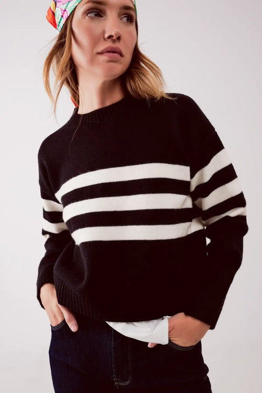 2 in 1 Striped sweater with shirt underlay in black - Sweaters