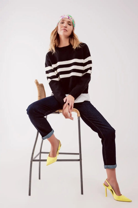 2 in 1 Striped sweater with shirt underlay in black - Sweaters