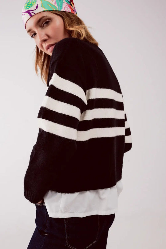2 in 1 Striped sweater with shirt underlay in black - Sweaters