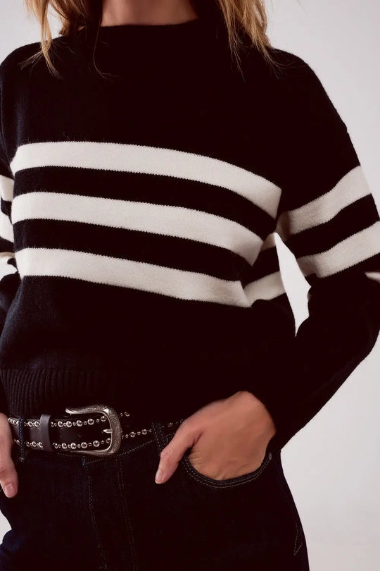 2 in 1 Striped sweater with shirt underlay in black - Sweaters