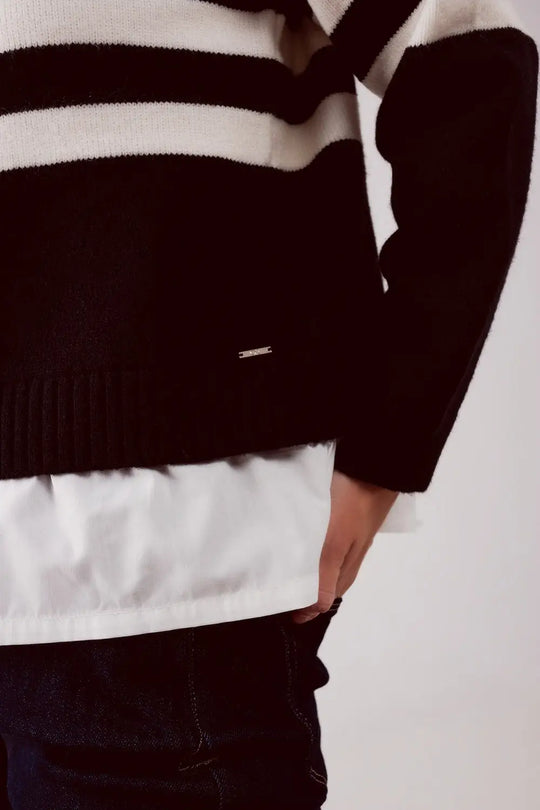 2 in 1 Striped sweater with shirt underlay in black - Sweaters