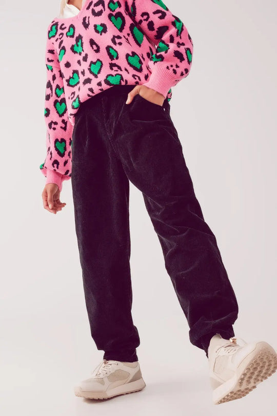 High rise slouchy mom pants in black cord - Pants