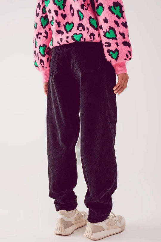 High rise slouchy mom pants in black cord - Pants