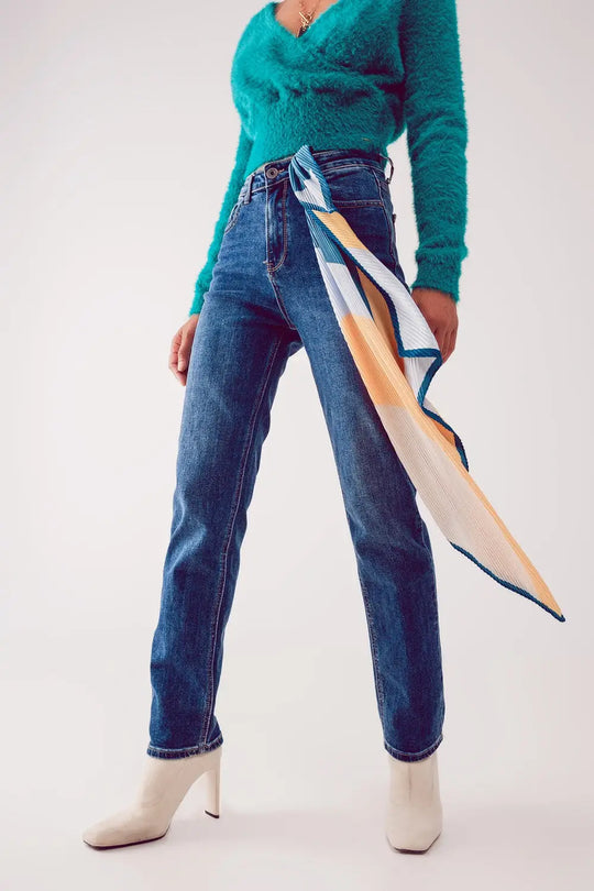 Cotton blend high waist straight leg jeans in deep blue