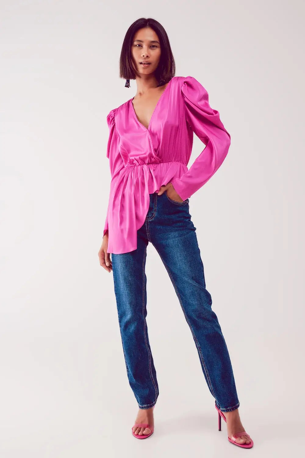 Asymmetric puff sleeve blouse in fuchsia - Shirts