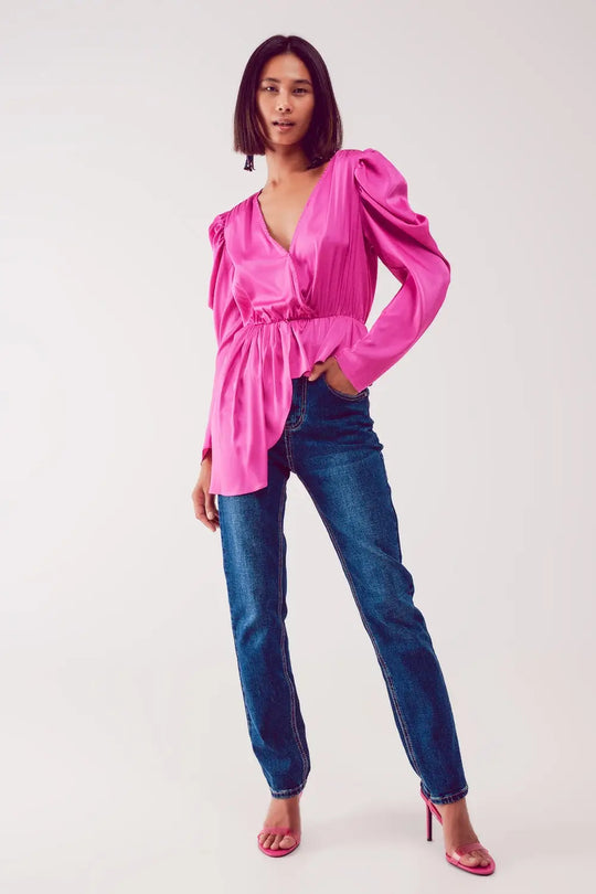 Asymmetric puff sleeve blouse in fuchsia - Shirts