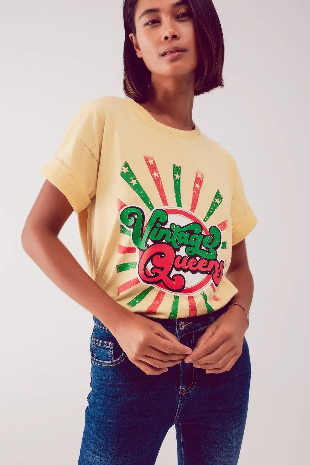 Relaxed t shirt with yellow Vintage Queens graphic print - YELLOW / ONE - T-Shirts