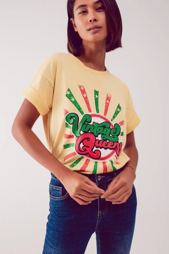 Relaxed t shirt with yellow Vintage Queens graphic print - YELLOW / ONE - T-Shirts