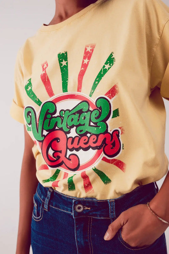 Relaxed t shirt with yellow Vintage Queens graphic print - YELLOW / ONE - T-Shirts