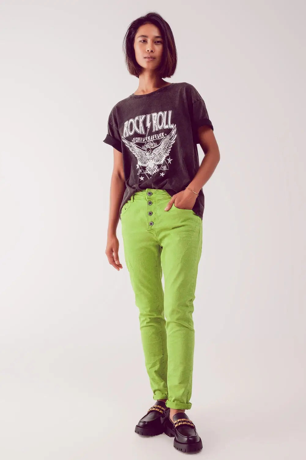 Exposed buttons skinny jeans in green - Colored Jeans