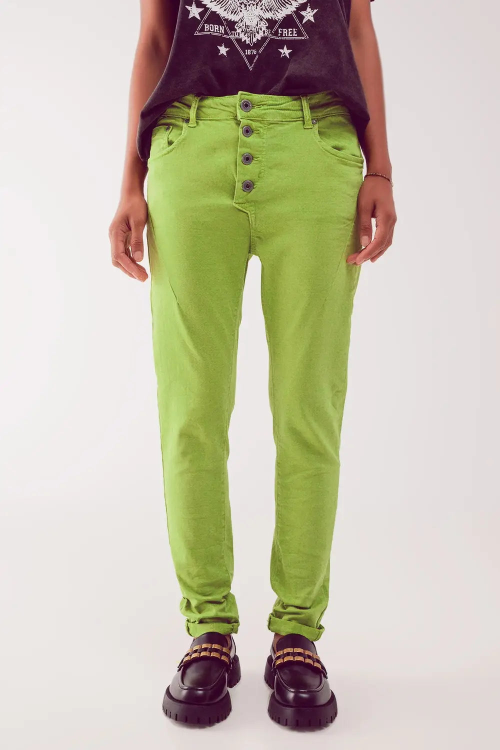 Exposed buttons skinny jeans in green - Colored Jeans