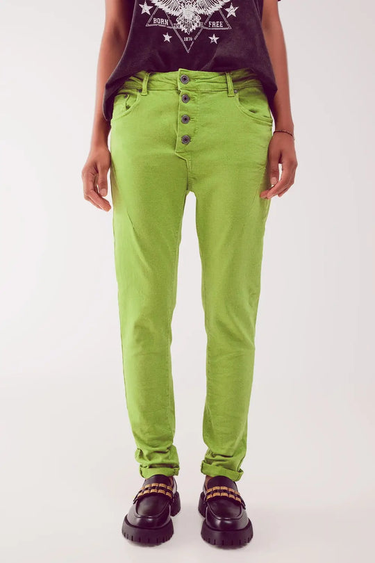Exposed buttons skinny jeans in green - Colored Jeans