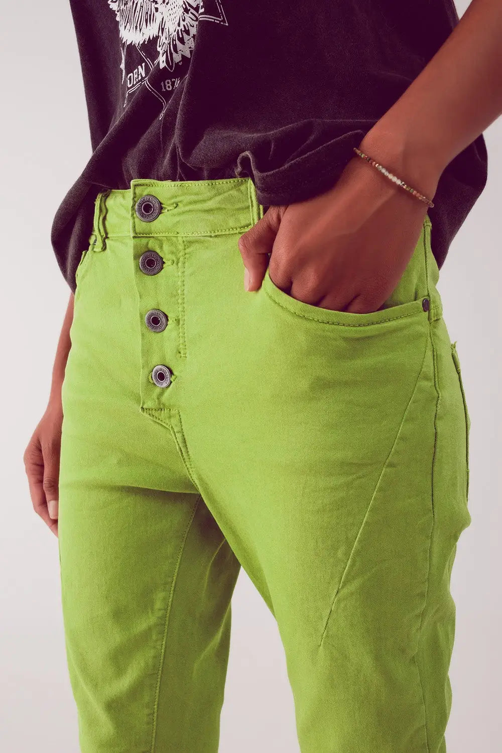 Exposed buttons skinny jeans in green - Colored Jeans