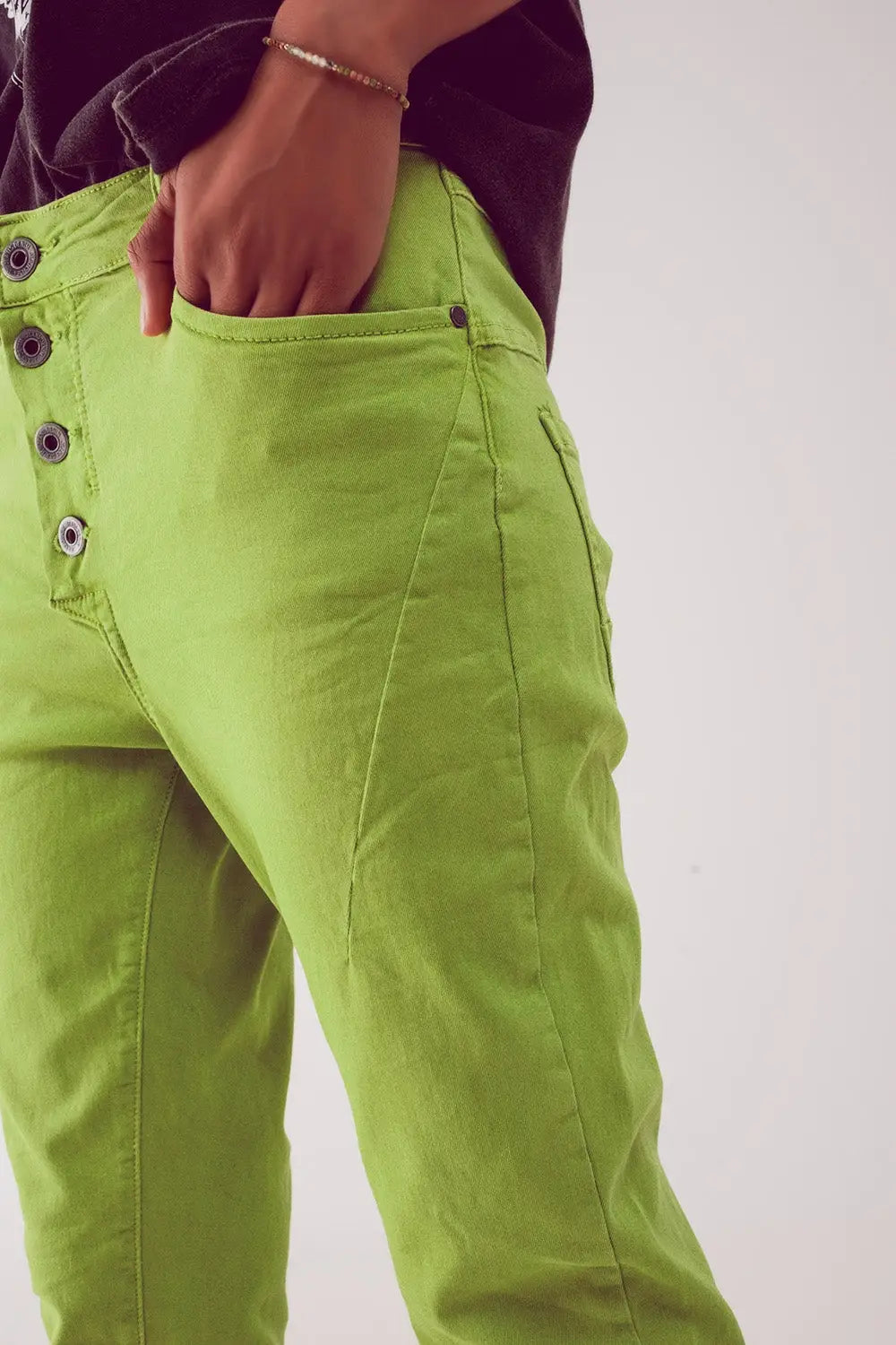 Exposed buttons skinny jeans in green - Colored Jeans