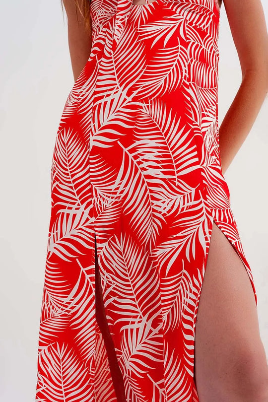 Maxi dress with splits in red leaves print - Dresses