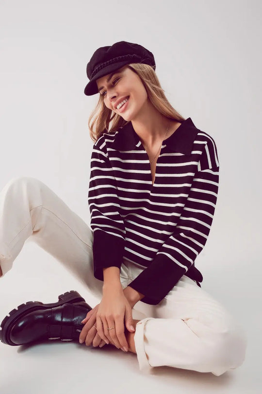 Polo neck sweater in black stripe - Sweaters